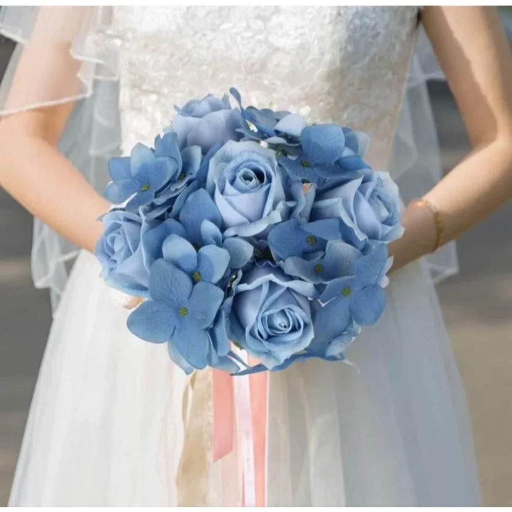 Blue Rose Hydrangeas Bouquet Flower Floral Arrangement Wedding Party Home Decor